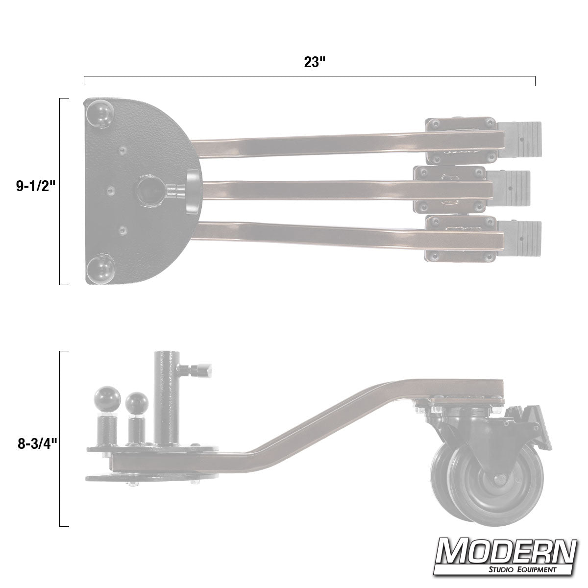 Rolling spider base – low-profile wheeled stand base for mounting junior risers, baby risers, or lighting equipment on set.
