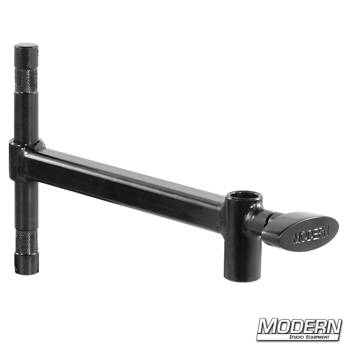 A black mini baby offset arm with a male 5/8 inch pin on one end and a 5/8 inch female receiver on the other, bearing the brand name 'MODERN'.