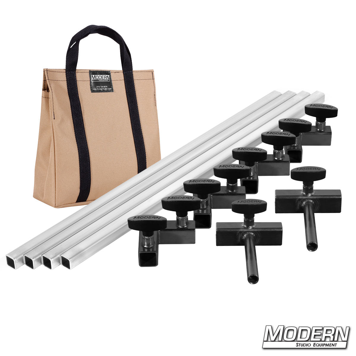 Film production frame kit showing aluminum tubes, ears, and connectors laid out with tan bag