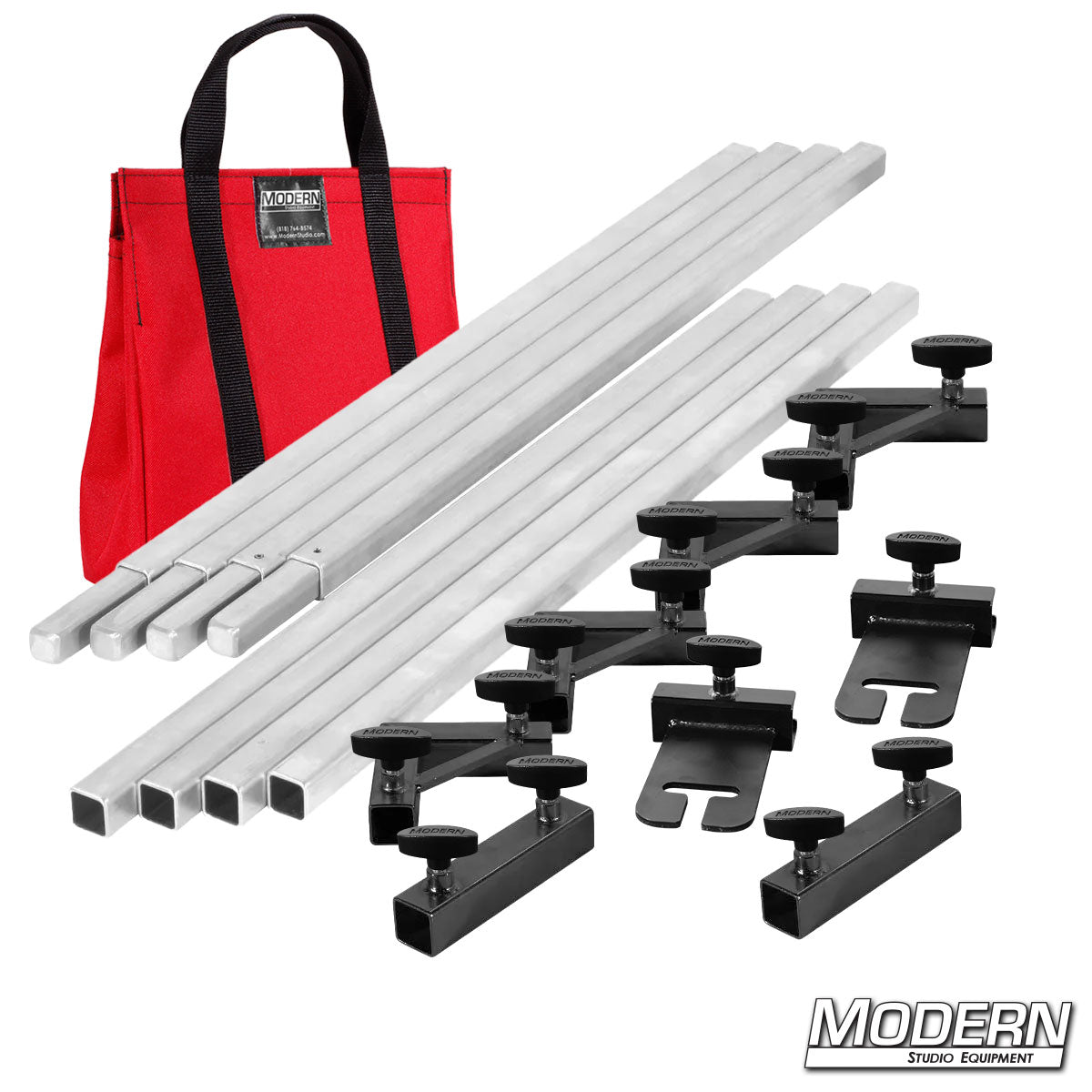 Film production 8 x 8 frame kit showing aluminum tubes, flip flop ears, and connectors laid out with red bag
