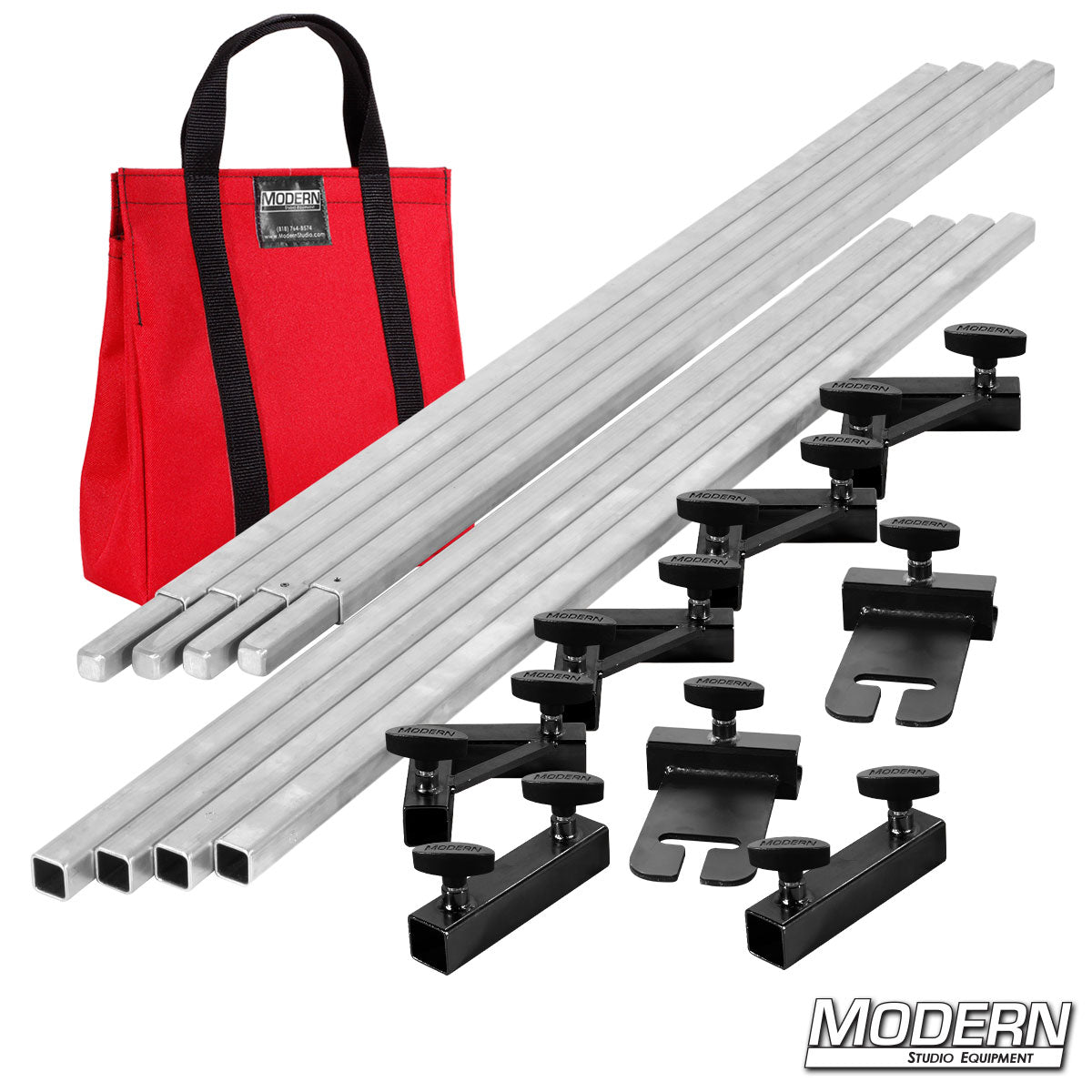 Set of metal rods and clamps with a red bag on a white background, featuring 'Modern Studio Equipment' branding.