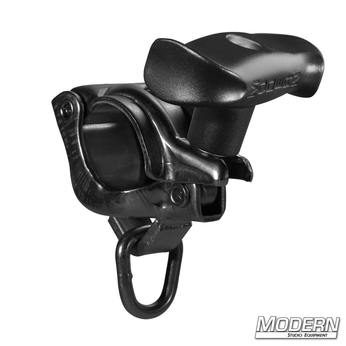 Grid Clamp with Swivel D-Ring mounted on Schedule 40 Speed-Rail® pipe for film, television, studio lighting, overhead rigging, and professional grip equipment.