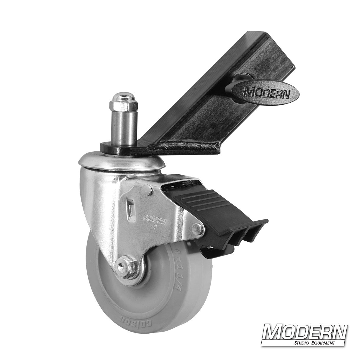 Set of three heavy-duty locking caster wheels with slip-on adapters for Mambo Combo Stands with 1-1/4 inch square legs, designed for professional film and studio lighting equipment.