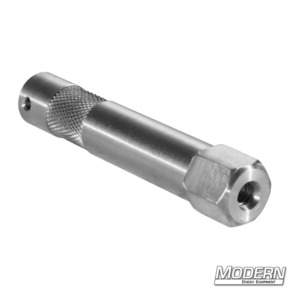 Side view of 3 inch aluminum baby pin showing smooth machined aluminum body and threaded end.