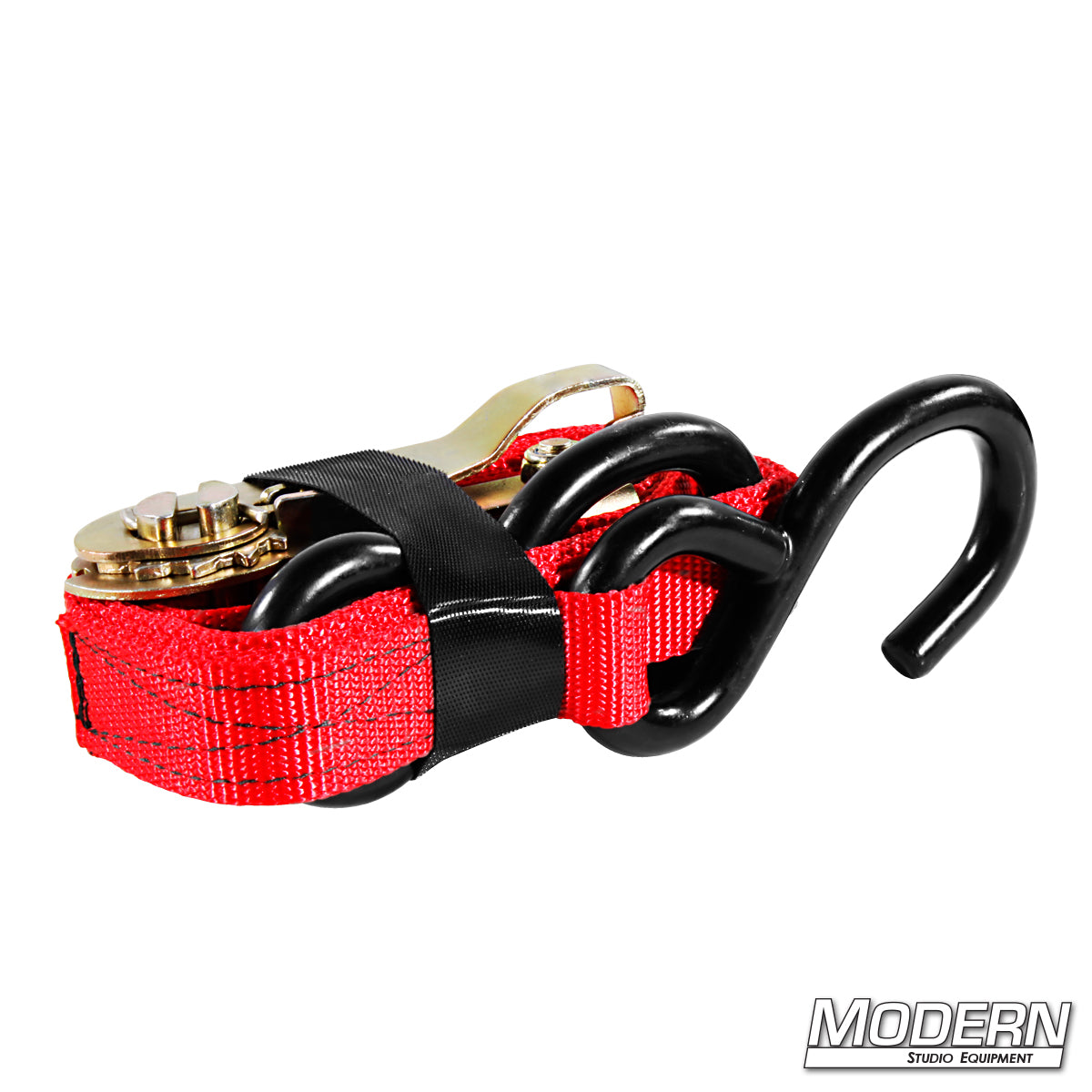 Red 1-inch by 6-foot ratchet strap with metal ratchet and hook ends.