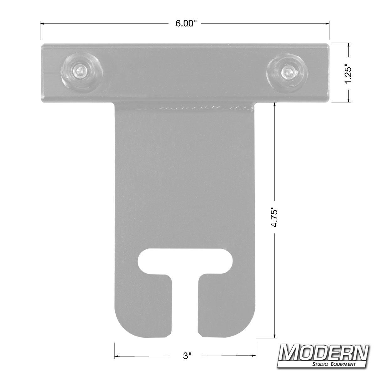 Black steel ear adapter for 1-inch square tubing with slotted mounting plate and set screws for attachment to a gobo or grip head.