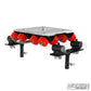 Metal workbench vise with red clamps on a white background, branded 'Modern Studio Equipment'.