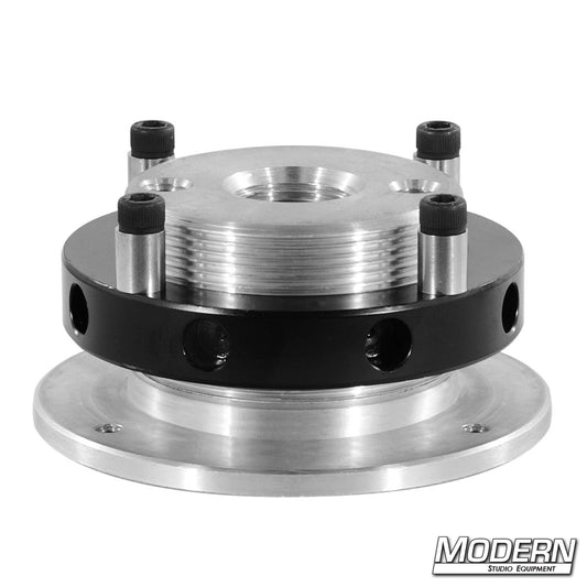 Mitchell thread with locking collar and castle nut for securing camera heads to Mitchell base mounts in professional film and TV production rigs