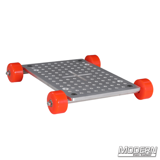 Metal platform with red wheels on a white background, branded 'Modern Studio Equipment'.
