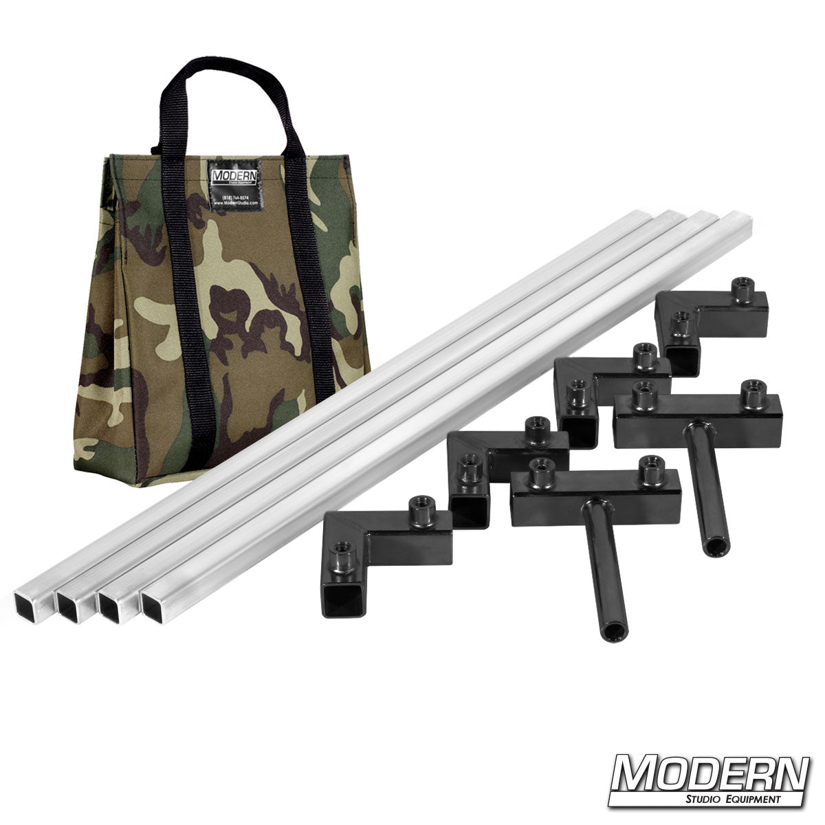 4′×4′ grip frame with full-length 4′ tubes and Camo bag— perspective view | Modern Studio Equipment