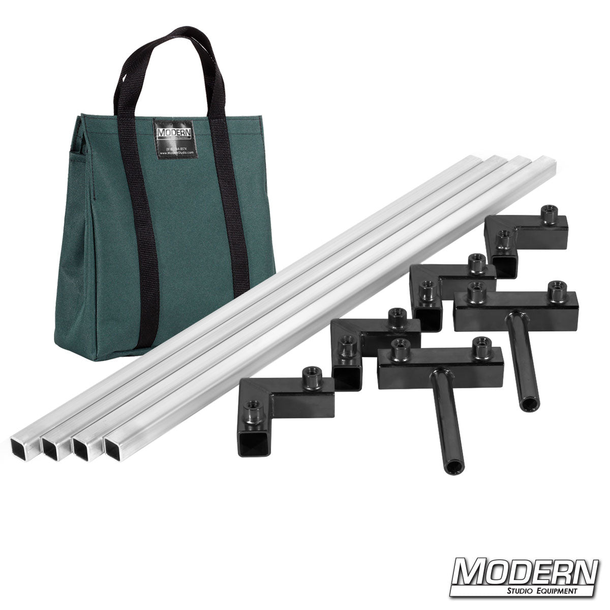 4′×4′ grip frame with full-length 4′ tubes and green bag— perspective view | Modern Studio Equipment