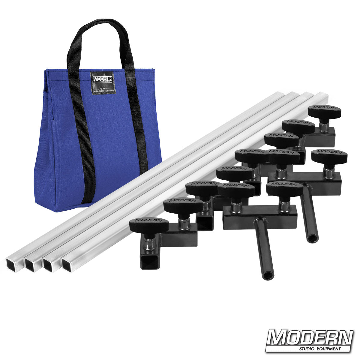 4′×4′ grip frame with full-length 4′ tubes with T-handles and Blue bag— perspective view | Modern Studio Equipment