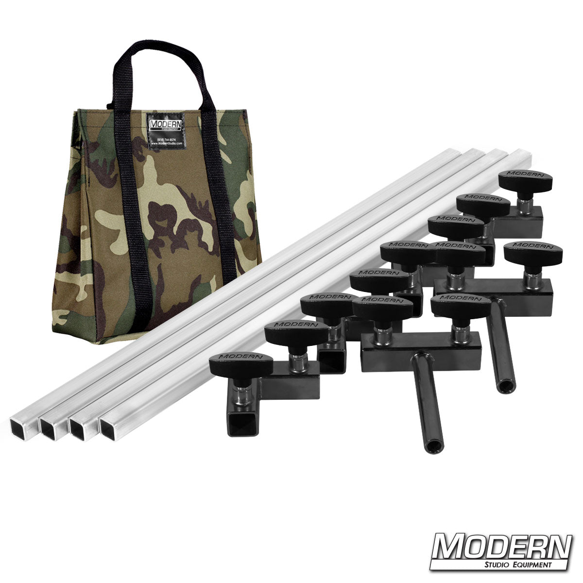 4′×4′ grip frame with full-length 4′ tubes with T-handles and Camo bag— perspective view | Modern Studio Equipment