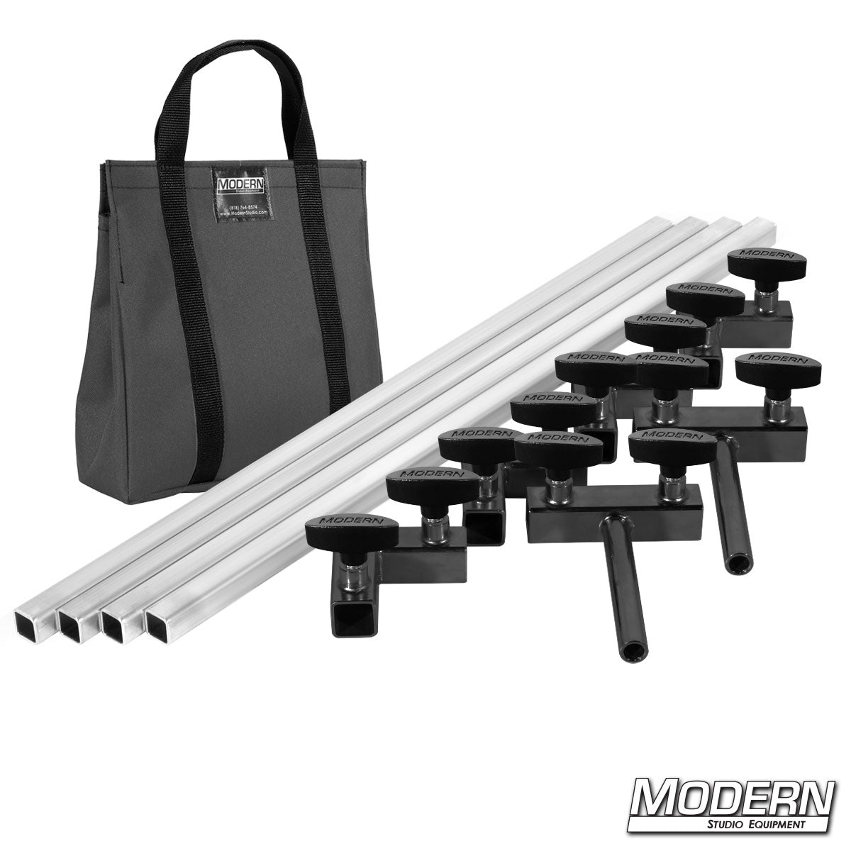 4′×4′ grip frame with full-length 4′ tubes with T-handles and Gray bag— perspective view | Modern Studio Equipment