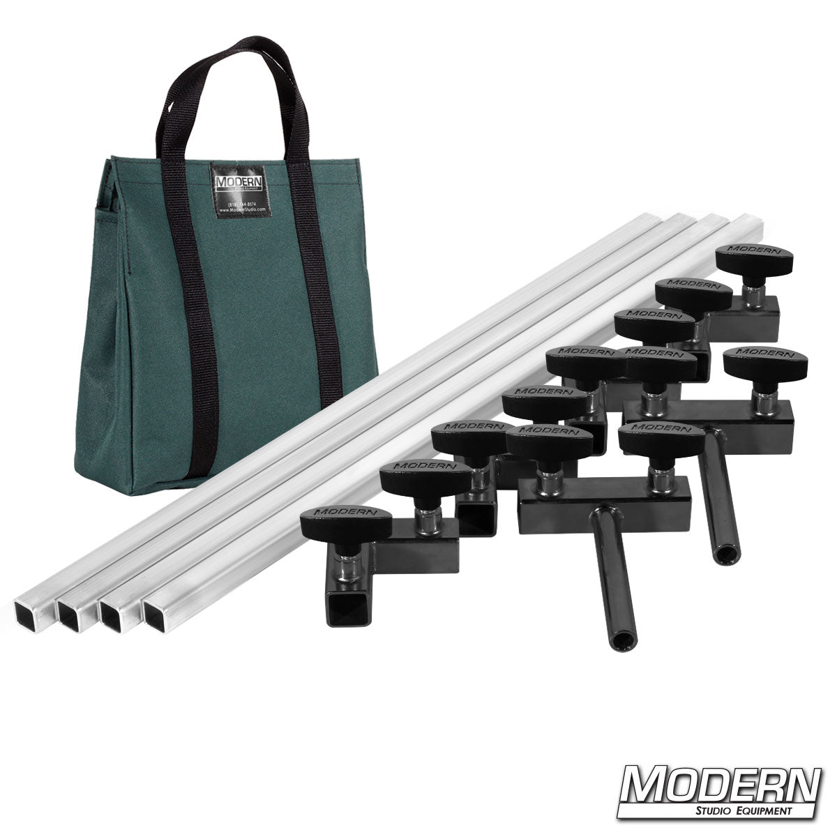 4′×4′ grip frame with full-length 4′ tubes with T-handles and Green bag— perspective view | Modern Studio Equipment