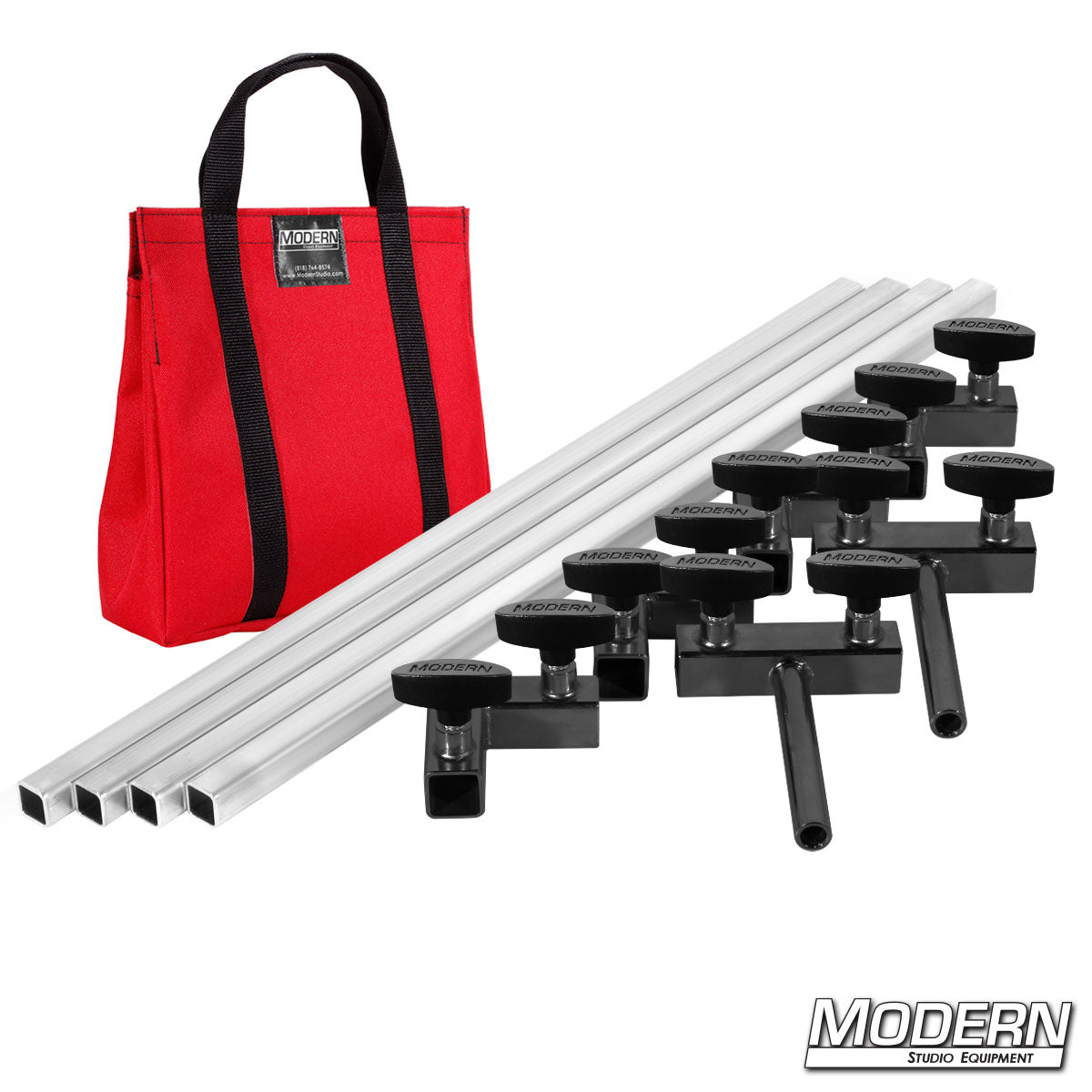 4′×4′ grip frame with full-length 4′ tubes with T-handles and Red bag— perspective view | Modern Studio Equipment