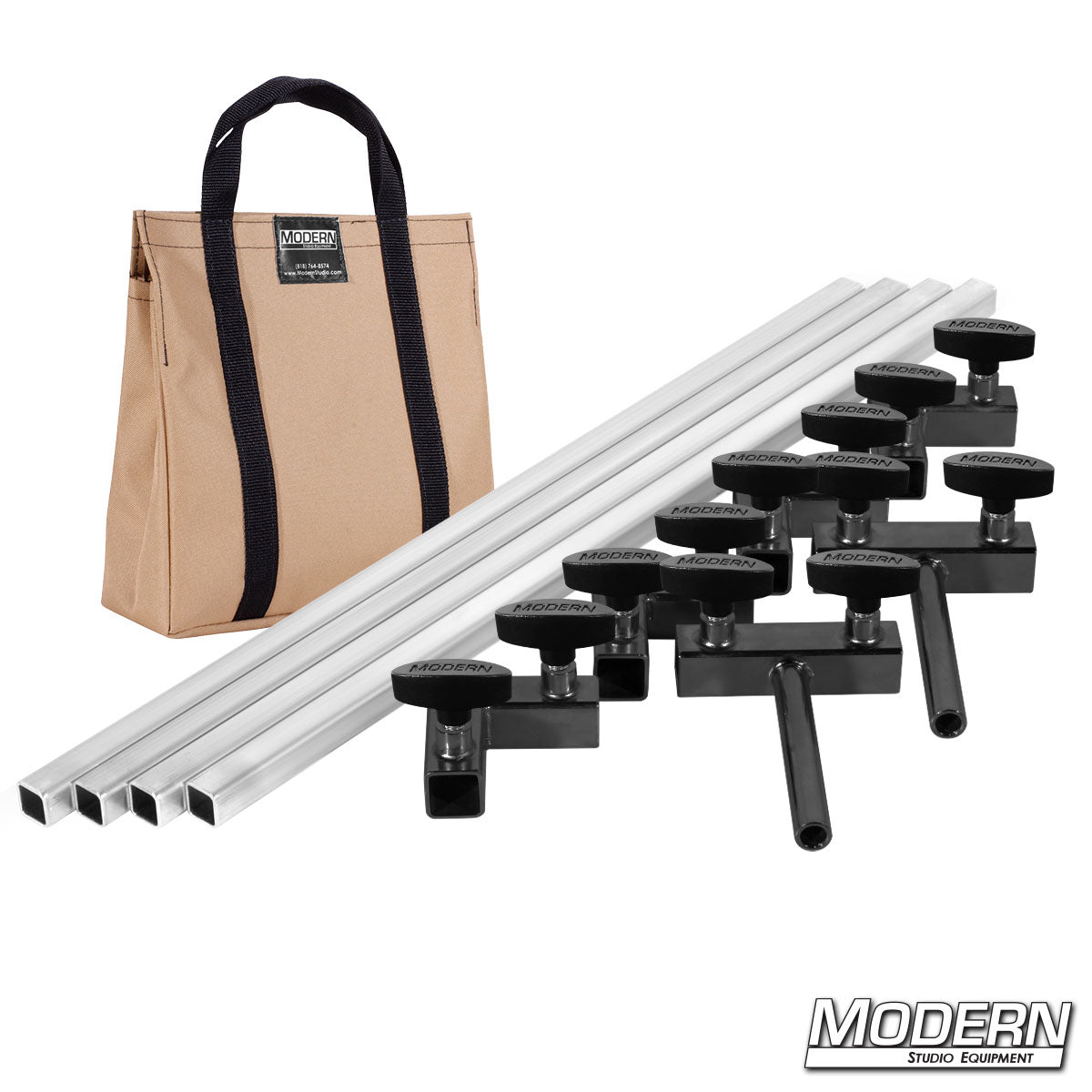 4′×4′ grip frame with full-length 4′ tubes with T-handles and Tan bag— perspective view | Modern Studio Equipment