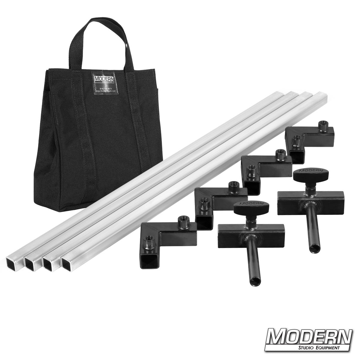 4′×4′ grip frame with full-length 4′ tubes with Flip Flop ears and Black bag— perspective view | Modern Studio Equipment