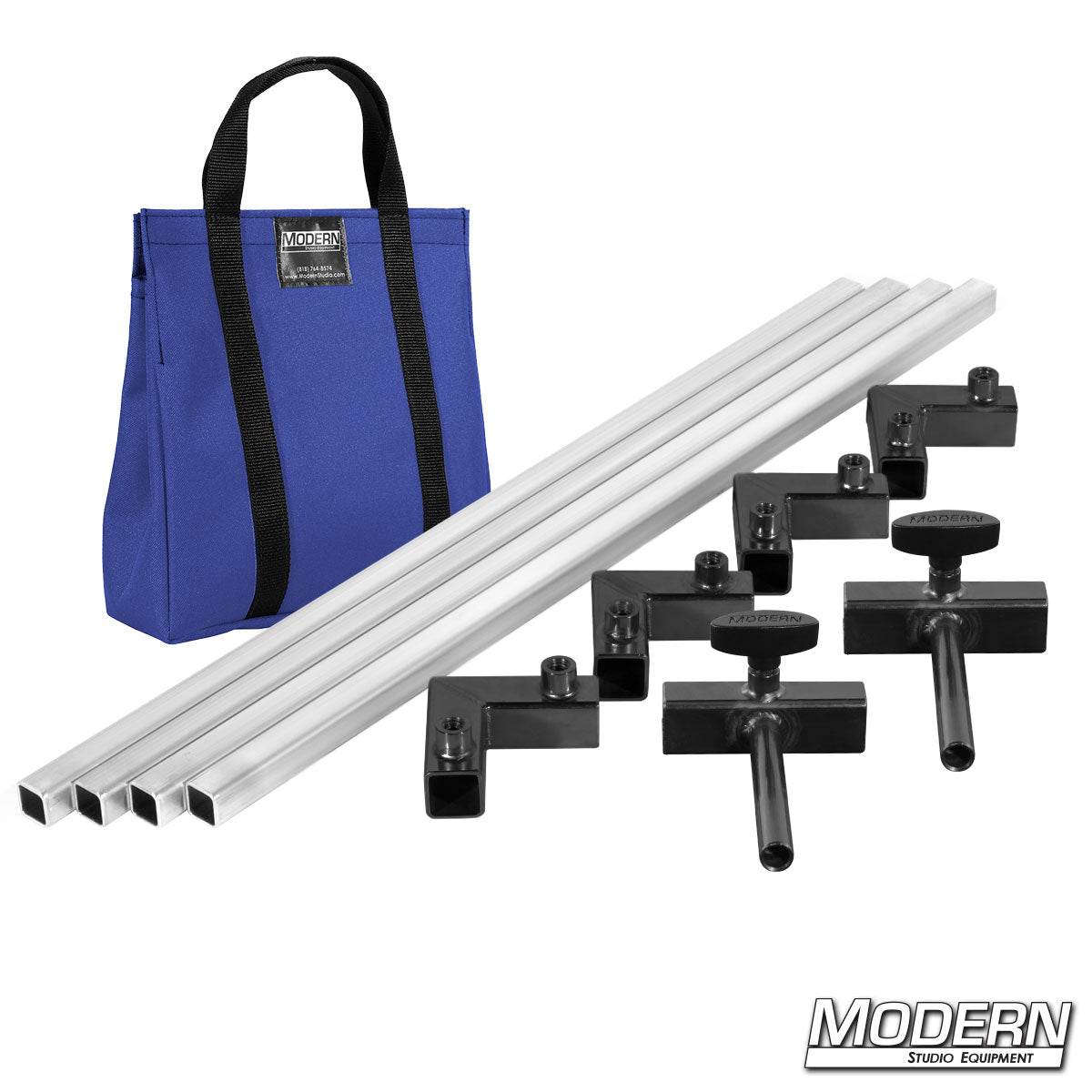 4′×4′ grip frame with full-length 4′ tubes with Flip Flop ears and Blue bag— perspective view | Modern Studio Equipment
