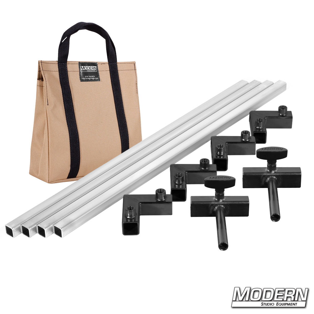 4′×4′ grip frame with full-length 4′ tubes with Flip Flop ears and Tan bag— perspective view | Modern Studio Equipment