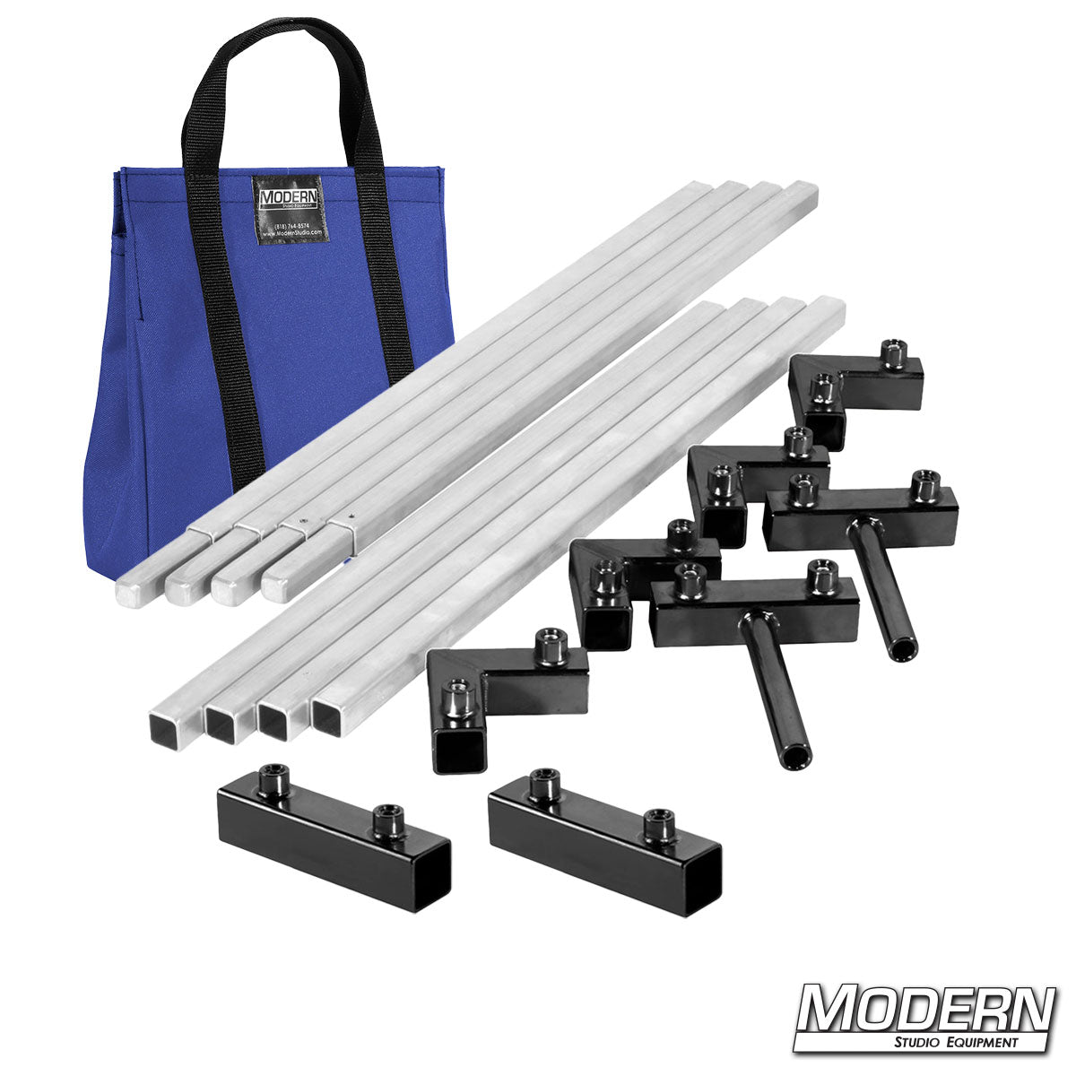 6′×6′ frame (3′ tubes) — Blue color bag, ear/receiver hardware detail | Modern Studio Equipment