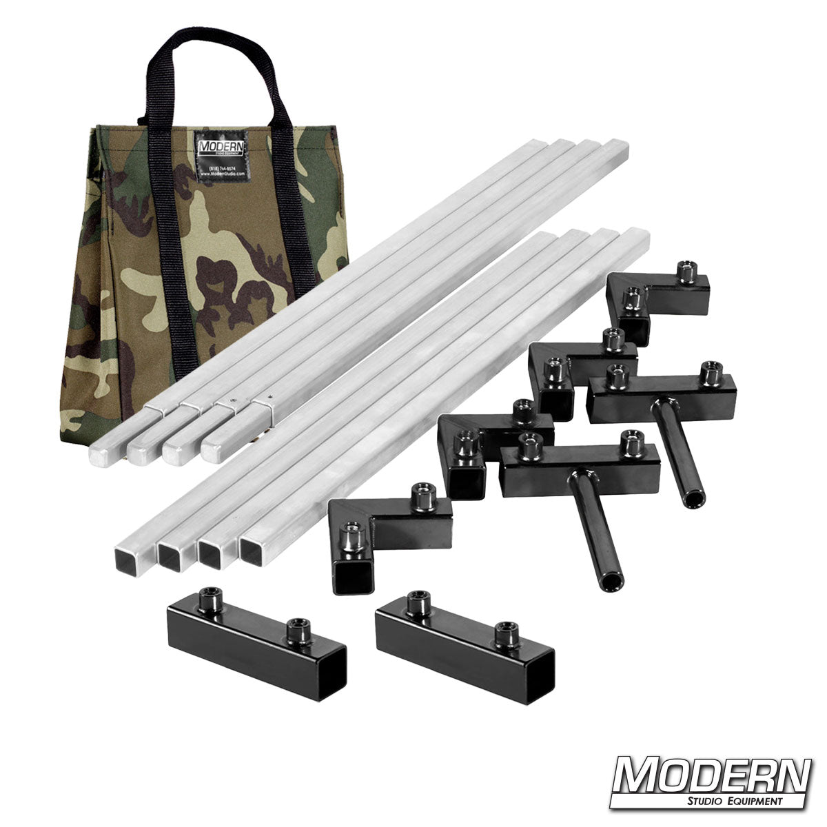 6′×6′ frame (3′ tubes) — Camo color bag, ear/receiver hardware detail | Modern Studio Equipment