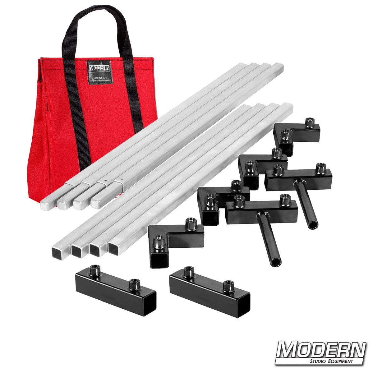6′×6′ frame (3′ tubes) — Red color bag, ear/receiver hardware detail | Modern Studio Equipment