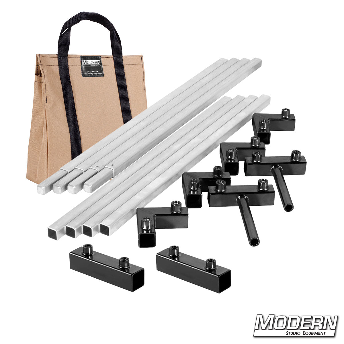 6′×6′ frame (3′ tubes) — Tan color bag, ear/receiver hardware detail | Modern Studio Equipment