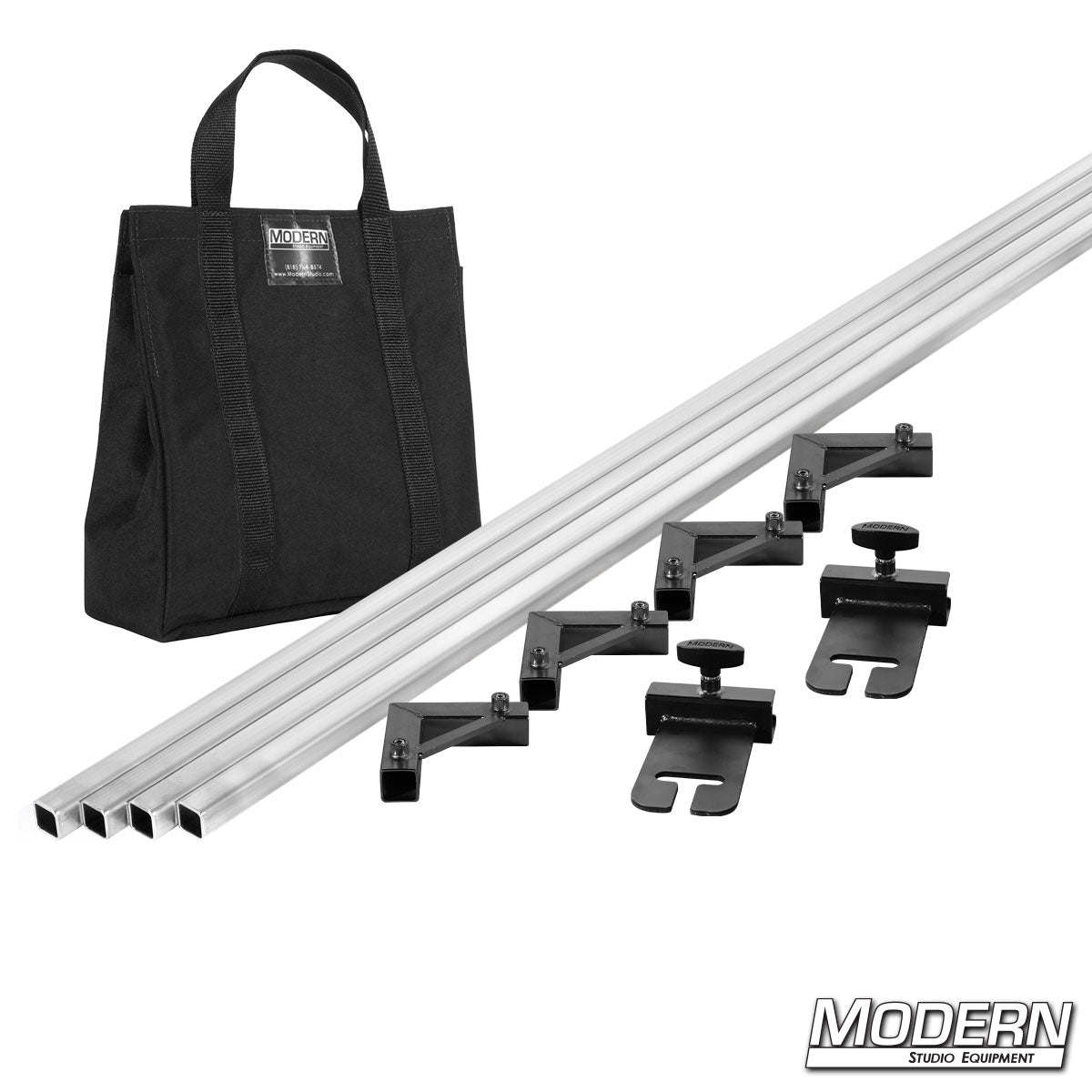 Metal studio equipment with clamps and a black bag on a white background, featuring the brand 'Modern Studio Equipment'.