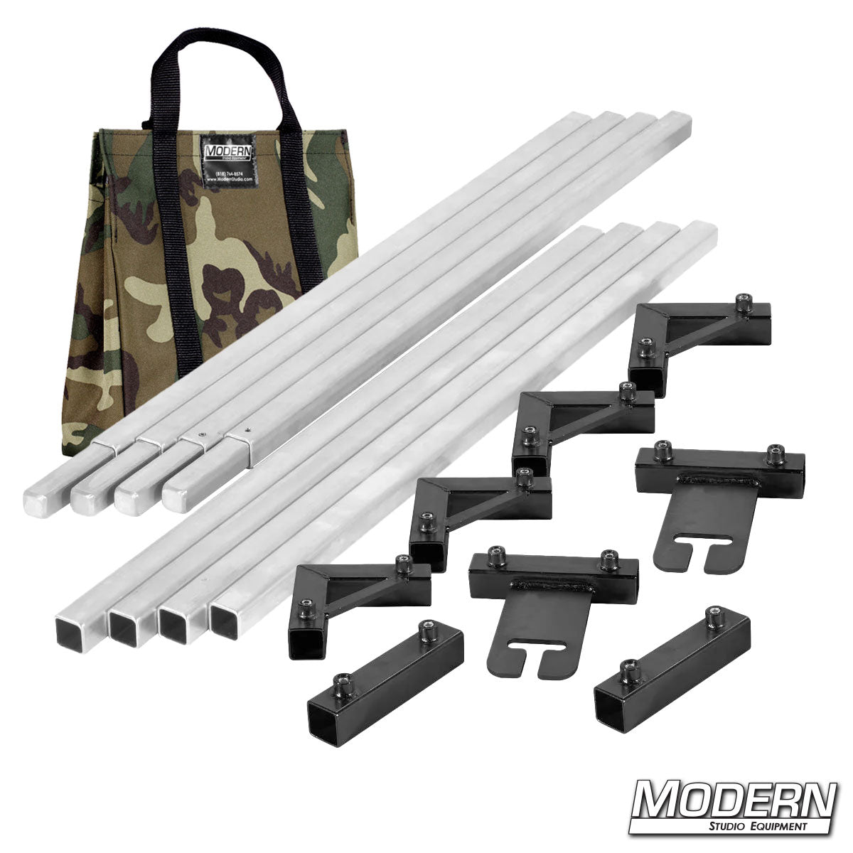 8x8 frame complete with 4-foot tubes in camo finish for film rigging and light control.”