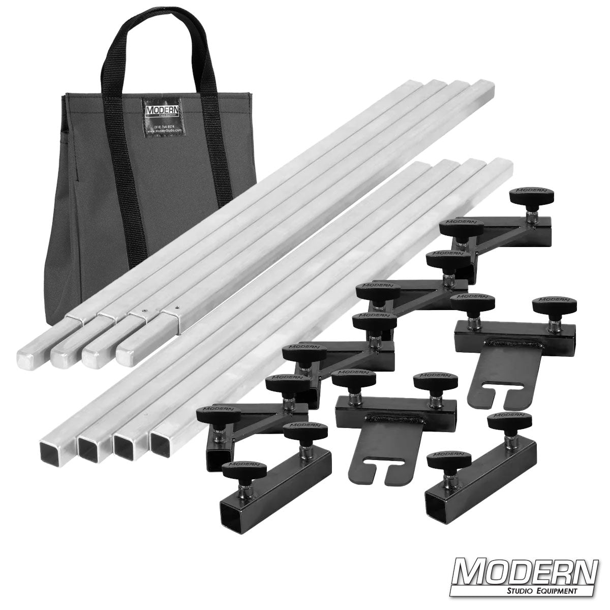 Film production 8 x 8 frame kit showing aluminum tubes, ears, and connectors laid out