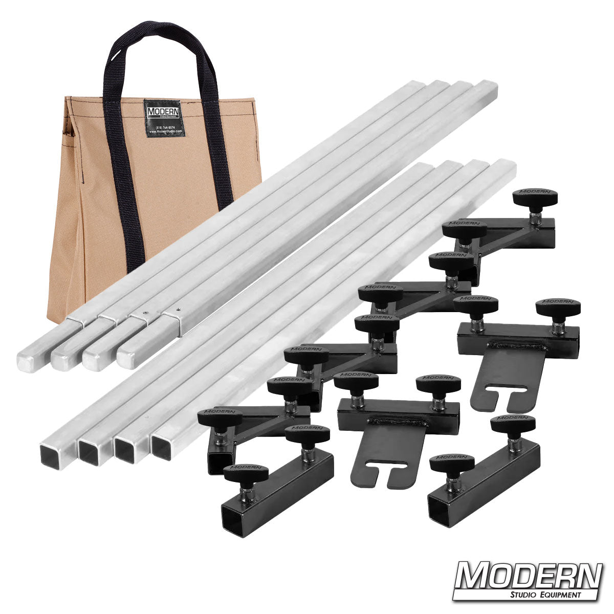 8x8 frame complete with Tan bag, 4-foot tubes and with T-Handles for film rigging and light control.”