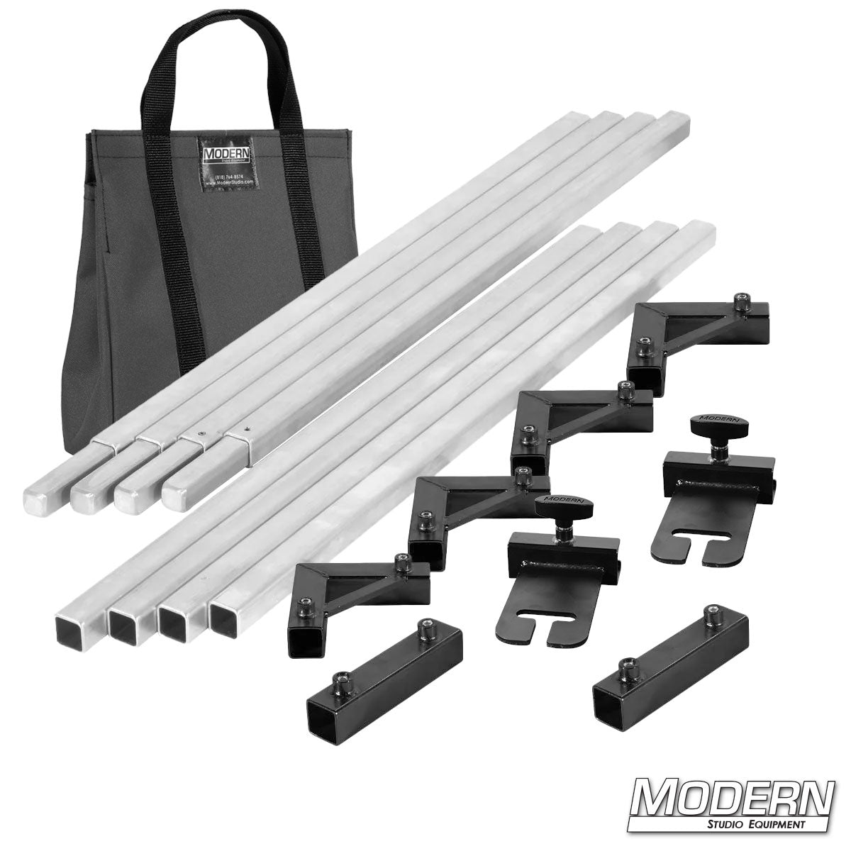 Film production 8 x 8 frame kit showing aluminum tubes, ears, and connectors laid out with Gray bag