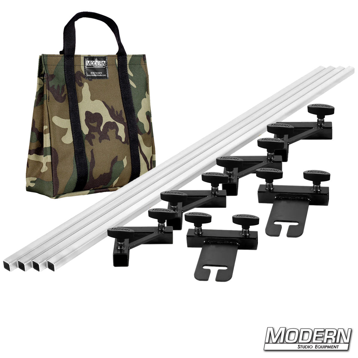 Set of metal stands with black clamps and a camouflage bag on a white background, featuring the brand 'Modern Studio Equipment'.