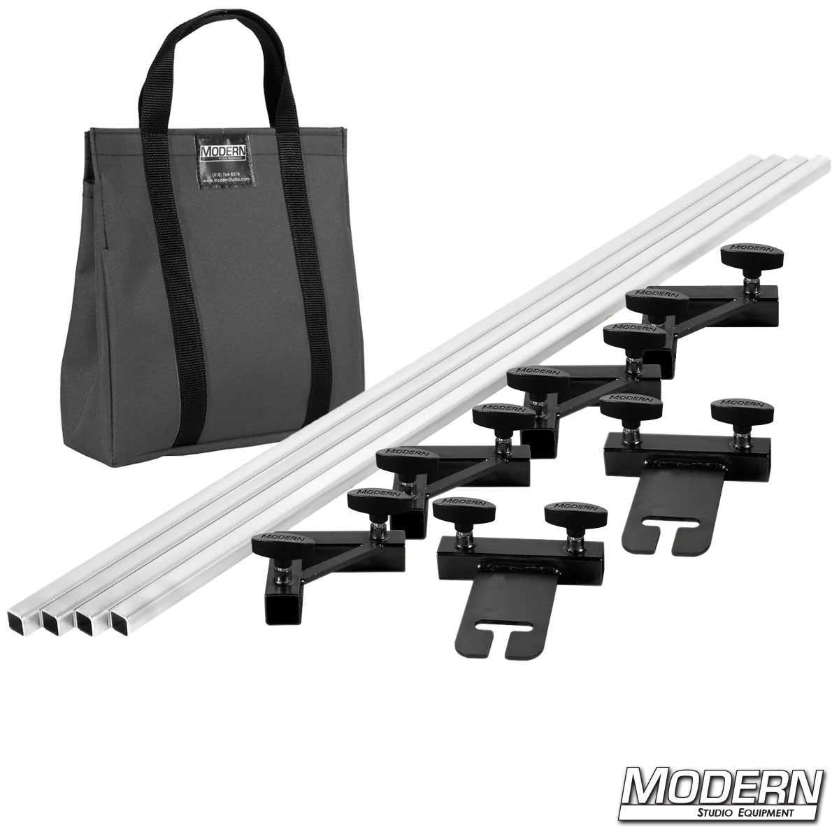 Set of guitar stands and carrying bag with 'Modern Studio Equipment' branding on a white background.
