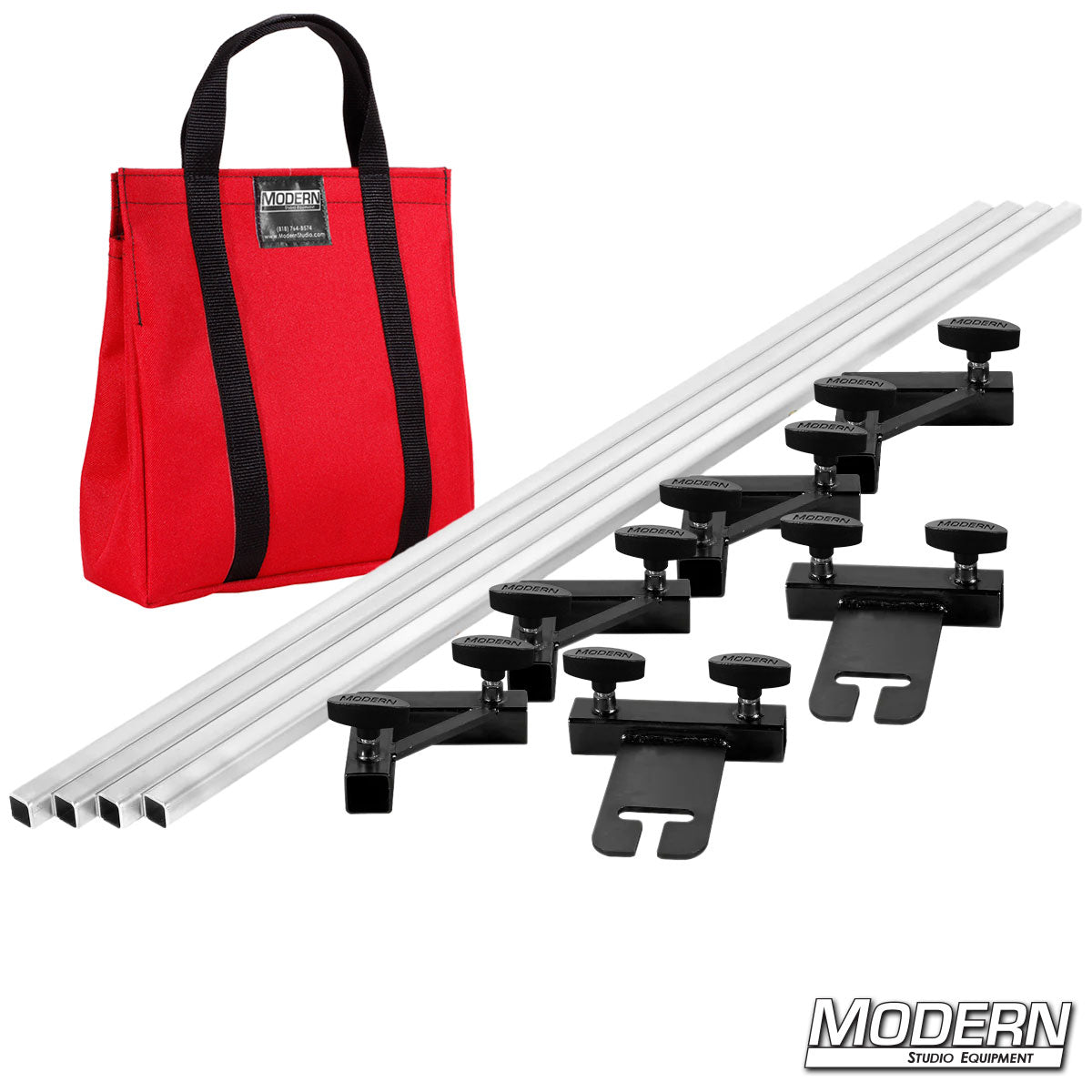 Set of metal brackets and pipes with a red bag on a white background, featuring 'Modern Studio Equipment' branding.