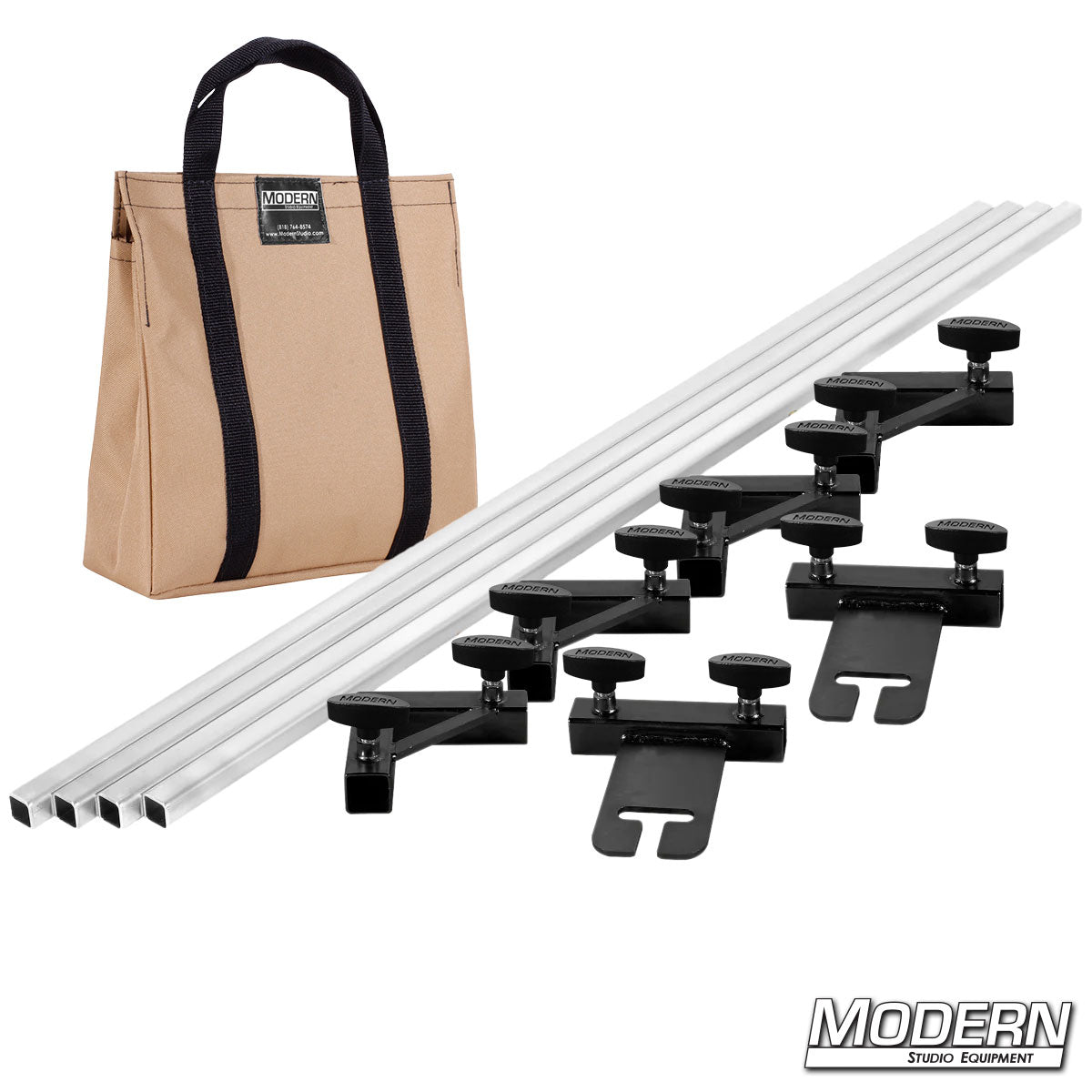 Set of black metal brackets with white rods and a beige bag on a white background, featuring 'Modern Studio Equipment' branding.