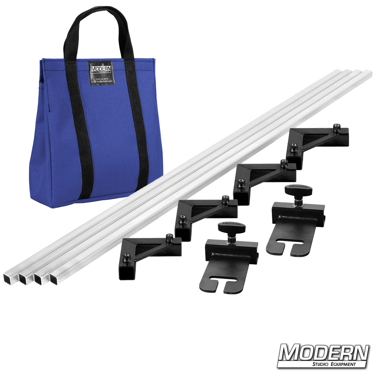Set of audio equipment stands with clamps and a blue carrying bag on a white background, featuring the brand 'Modern Studio Equipment'.