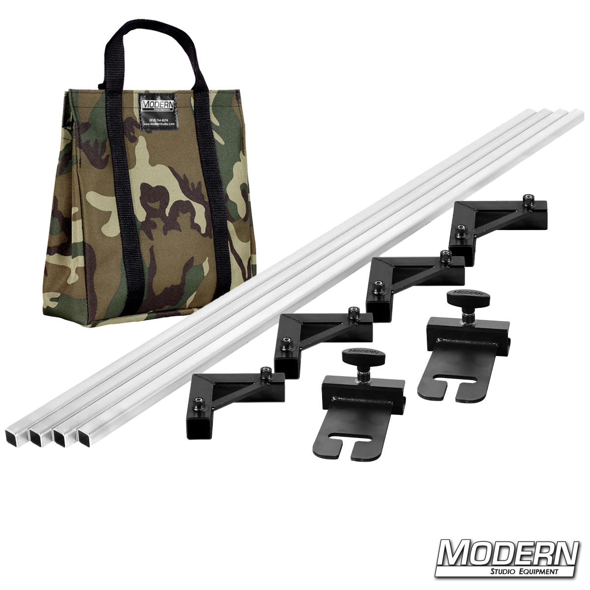 Set of audio equipment with stands, clamps, and a camouflage bag on a white background.