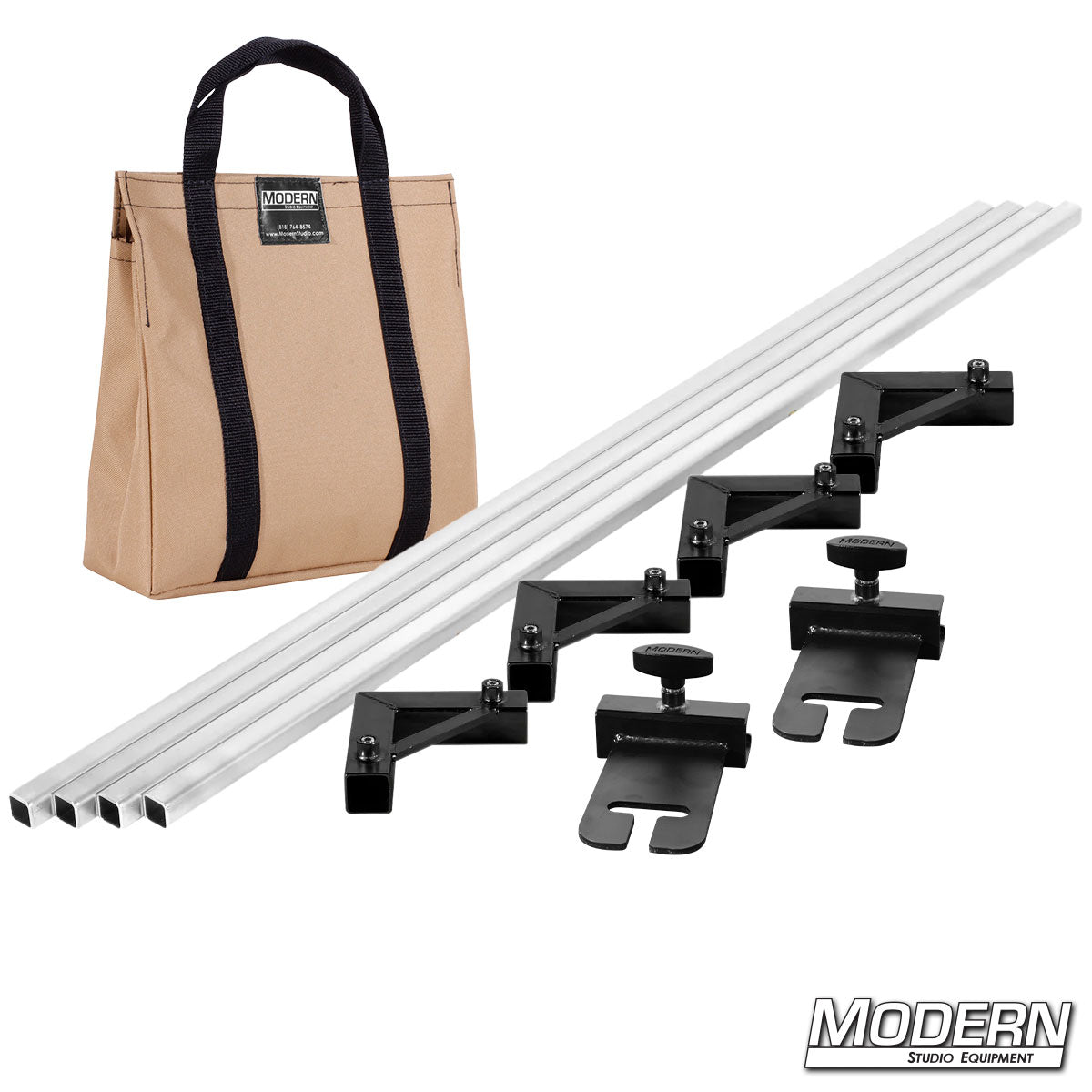 Studio equipment set with metal bars and clamps on a white background, featuring a carrying bag.