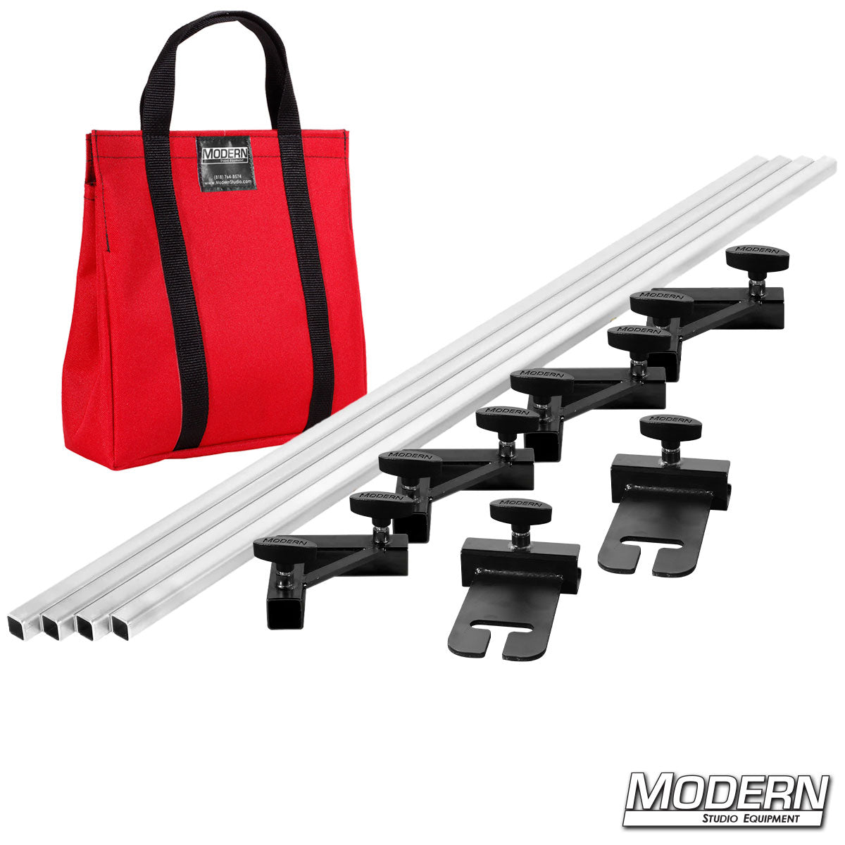 Set of audio equipment stands with a red carrying bag on a white background, featuring the brand 'Modern Studio Equipment'.