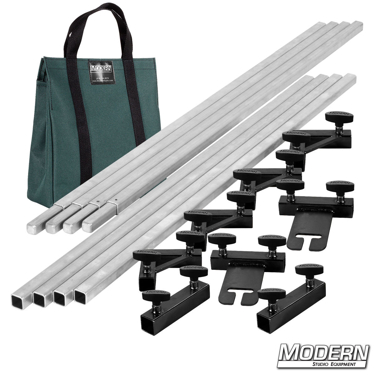 12' x 12' Breakdown Frame with green transport bag and T-Handles– professional grip frame system for on-set lighting | Modern Studio Equipment
