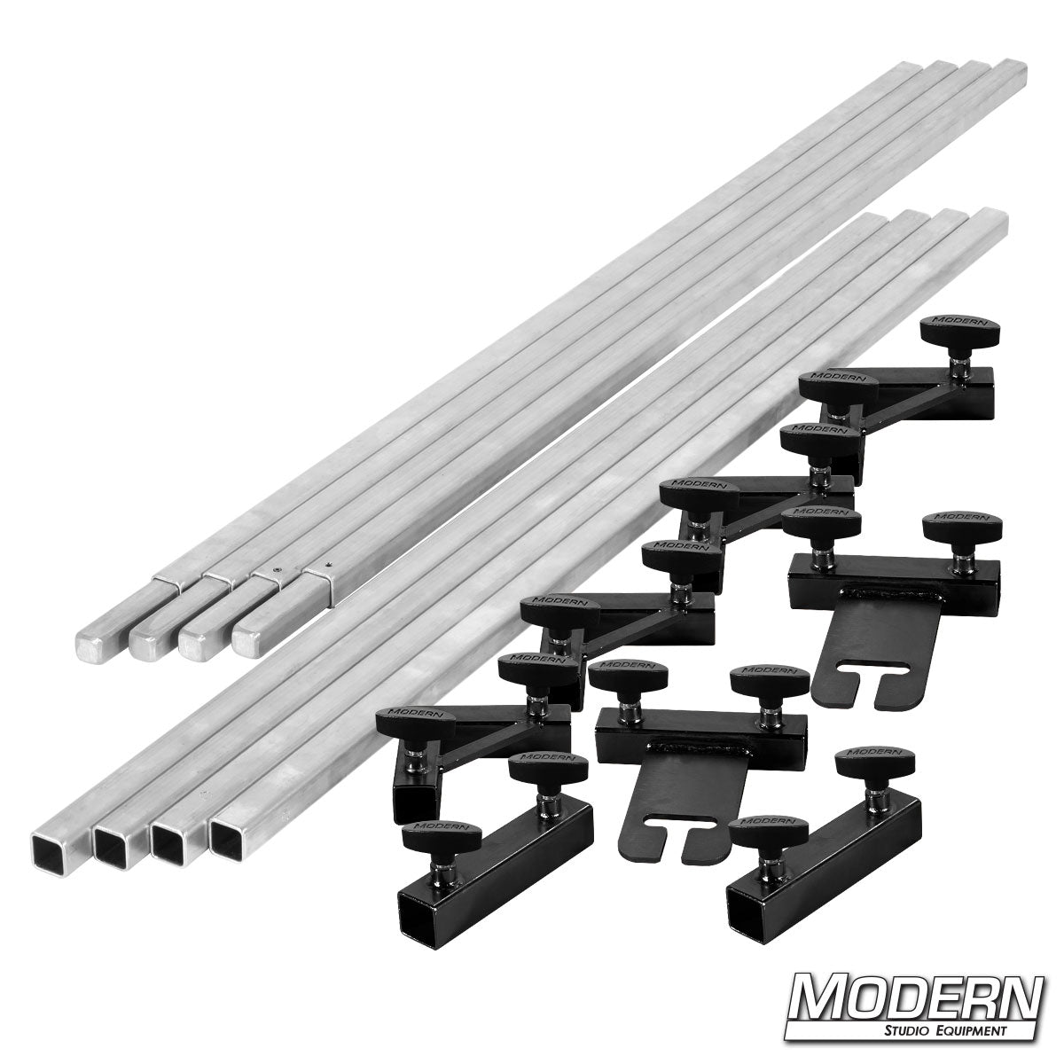 Set of metal rods and clamps on a white background with 'Modern Studio Equipment' branding.
