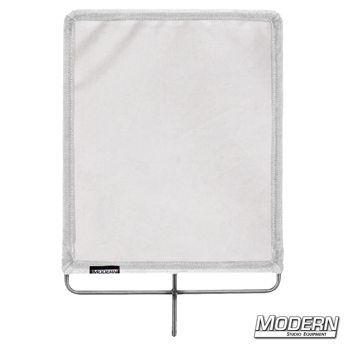 Small bleached muslin flag with white diffusion fabric on metal frame for light control.