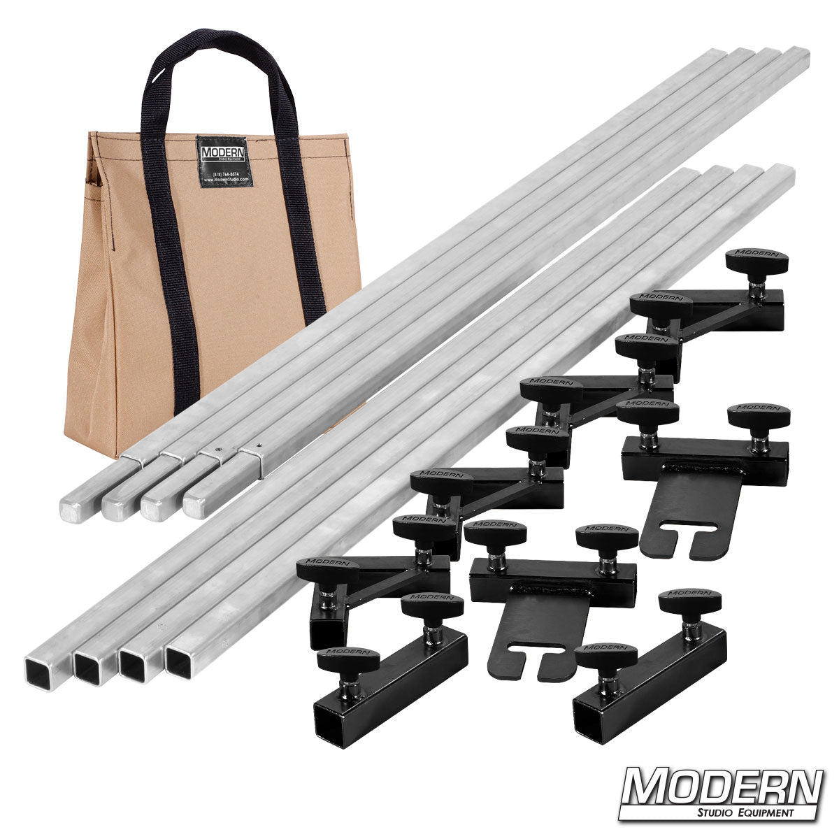 12' x 12' Breakdown Frame with Tan transport bag and T-Handles– professional grip frame system for on-set lighting | Modern Studio Equipment