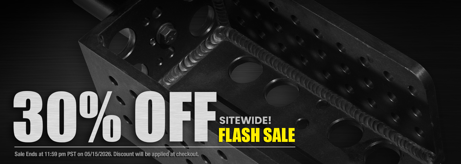 30% off sitewide flash sale banner featuring welded film grip hardware and production rigging equipment background for Modern Studio Equipment