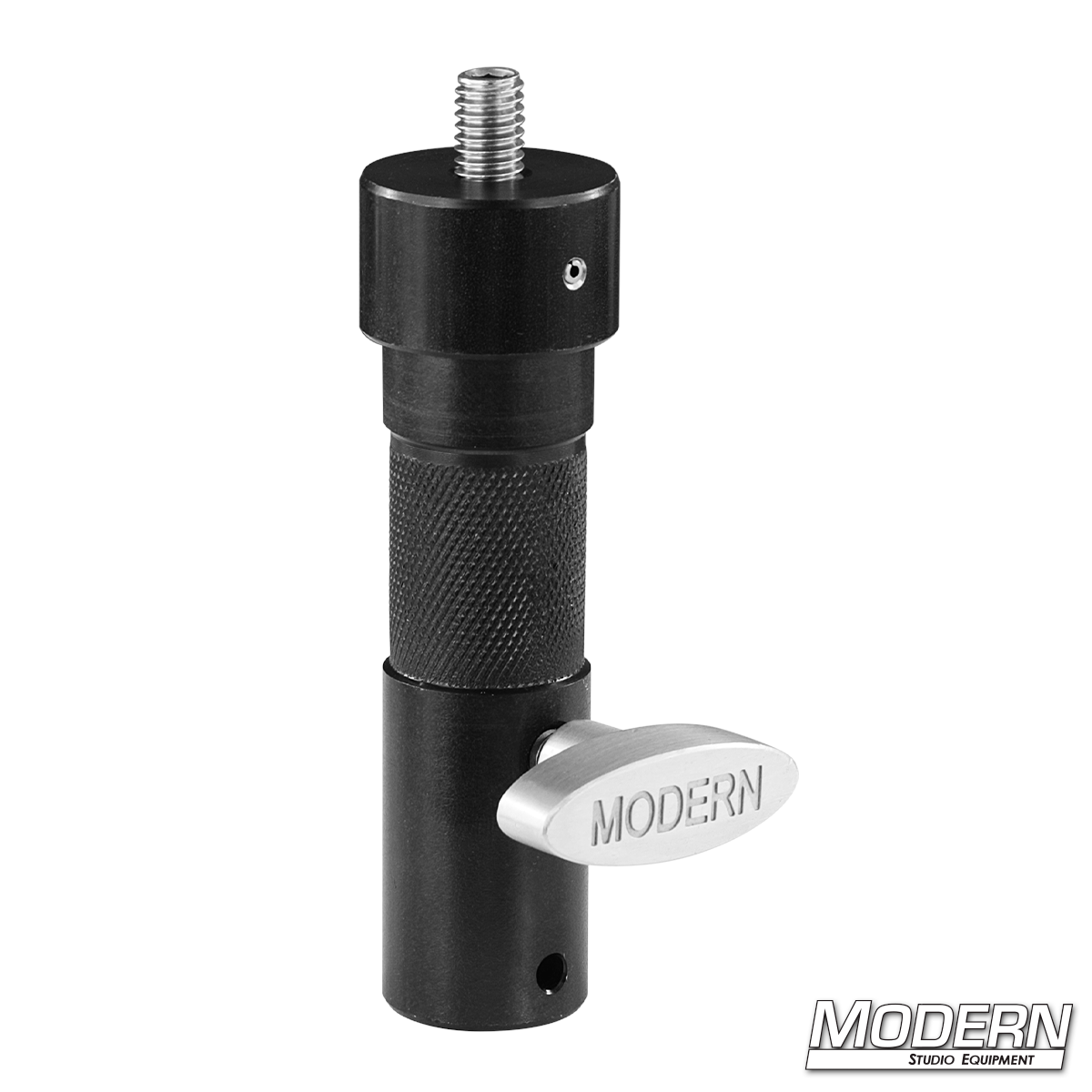 Baby female and junior receiver to 3/8 inch male steel adapter for mounting cameras, monitors, lighting accessories, and grip equipment