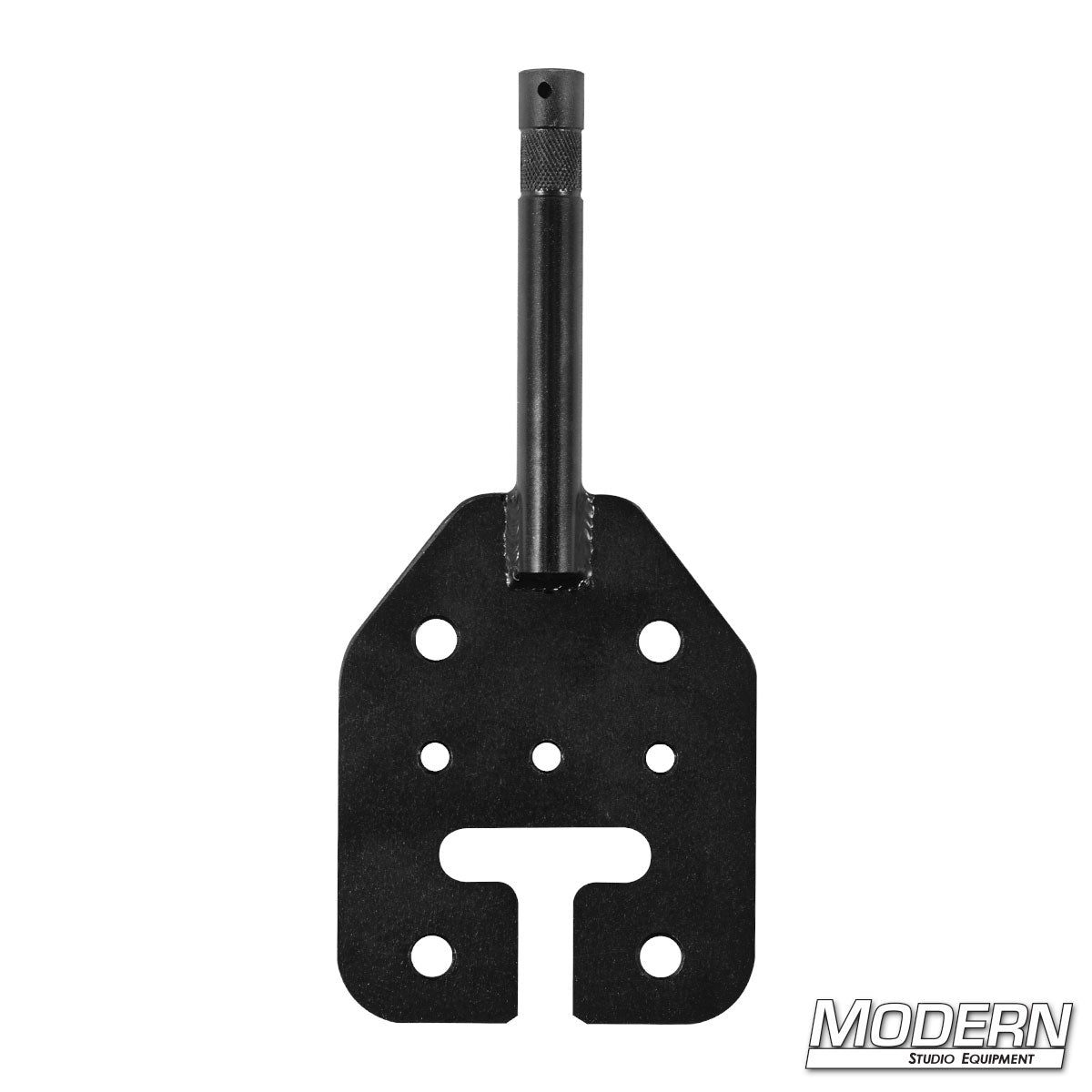 Modern Studio Equipment Baby Pin with Ear featuring 5/8 inch baby pin and multi-hole mounting plate for film lighting and grip rigging