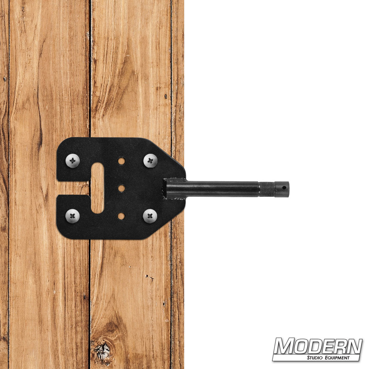 Modern Studio Equipment Baby Pin with Ear featuring 5/8 inch baby pin and multi-hole mounting plate for film lighting and grip rigging
