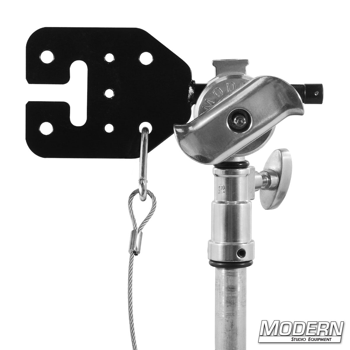 Modern Studio Equipment Baby Pin with Ear featuring 5/8 inch baby pin and multi-hole mounting plate for film lighting and grip rigging